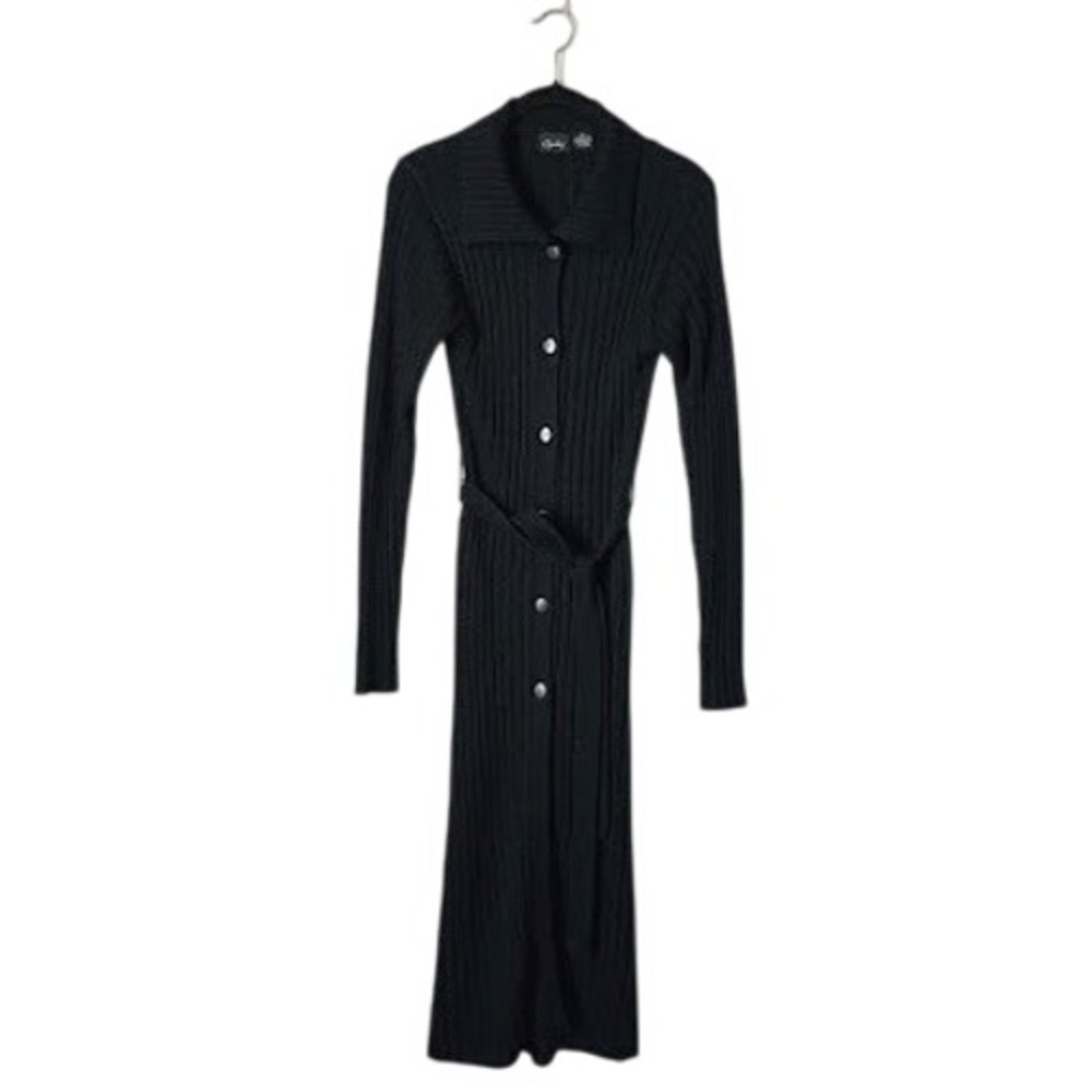 Chesley 90s Black Ribbed Knit Button Front Midi Sweater Dress Belted Collared M